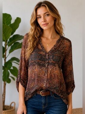 Buffalo David Bitton Boho Paisley Crochet Back Blouse | Sheer Festival Top | Sm